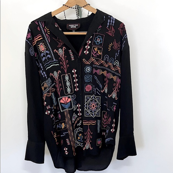 Johnny Was Top Silk Embroidered Oversized Long Sleeve Sz XS - Picture 1 of 8
